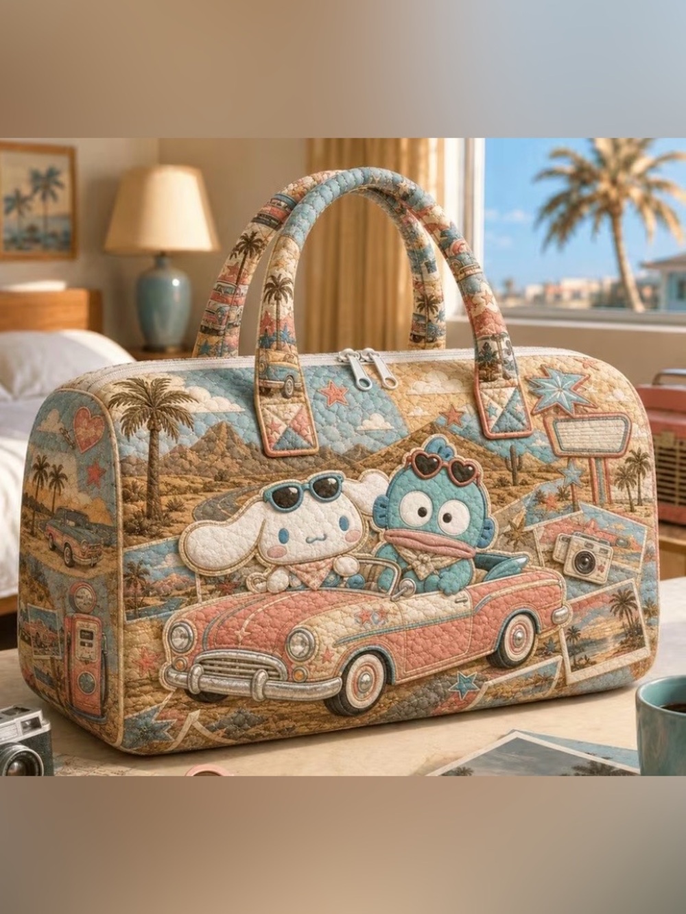 Quilted Pastel Travel Tote with Cinaroll Roadtrip Print